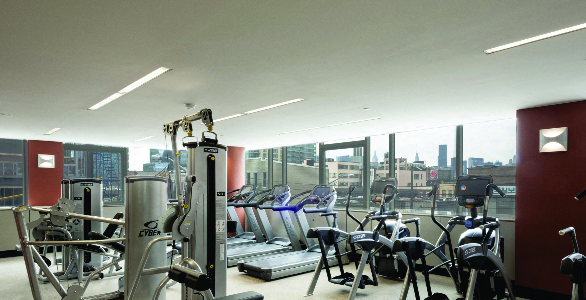 fitness equipment in fitness center at 27 on 27th, Long Island City, NY